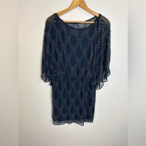 Vintage Canche Full Beaded Heavyweight Mini Dress Navy Blue SZ 6 Hippie Festival